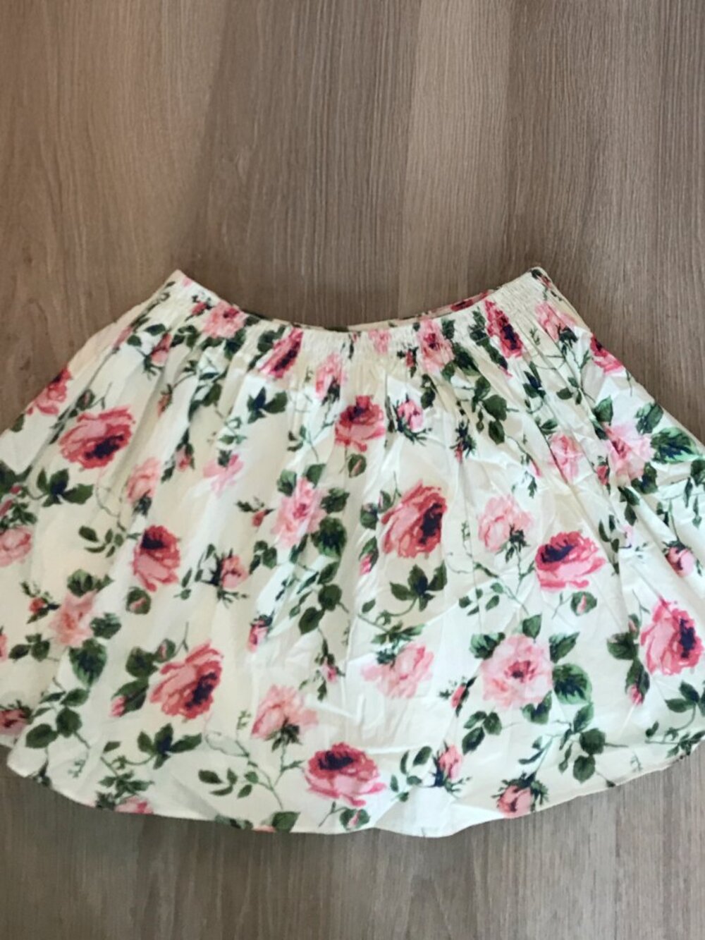 AQUA Bloomingdale's Rose Floral Mini Skirt | Smocked Waist Lined Cotton | Med